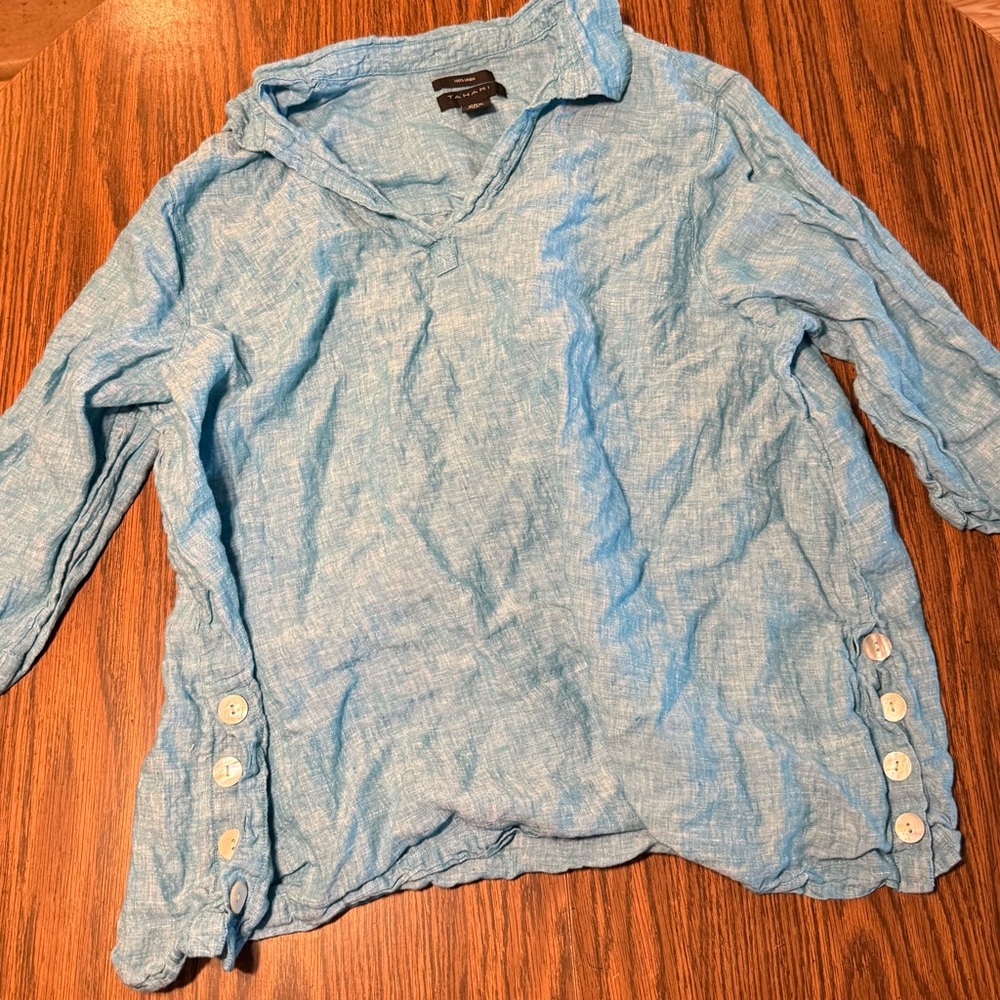 Tahari Light Blue Linen Button-Detail Top